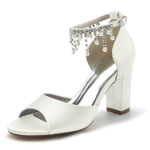 Gycdwjh Satin Hochzeitsschuhe Für Braut Sandalen Blockabsatz High Heel Für Hochzeit Abend mit Sommer-Fußkette mit Perlen und Strass Pointed Toe Pumps,Elfenbein,39 EU von Gycdwjh