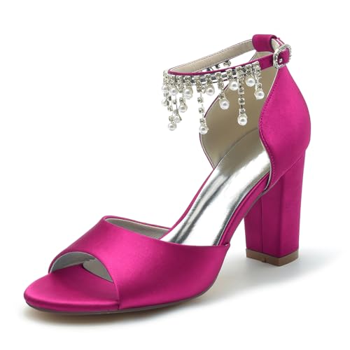 Gycdwjh Satin Hochzeitsschuhe Für Braut Sandalen Blockabsatz High Heel Für Hochzeit Abend mit Sommer-Fußkette mit Perlen und Strass Pointed Toe Pumps,Rose red,42 EU von Gycdwjh