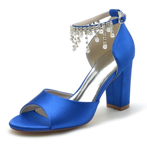 Gycdwjh Satin Hochzeitsschuhe Für Braut Sandalen Blockabsatz High Heel Für Hochzeit Abend mit Sommer-Fußkette mit Perlen und Strass Pointed Toe Pumps,Royal Blue,38 EU von Gycdwjh