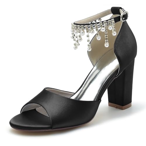 Gycdwjh Satin Hochzeitsschuhe Für Braut Sandalen Blockabsatz High Heel Für Hochzeit Abend mit Sommer-Fußkette mit Perlen und Strass Pointed Toe Pumps,Schwarz,43 EU von Gycdwjh