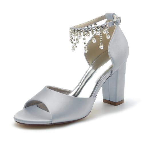 Gycdwjh Satin Hochzeitsschuhe Für Braut Sandalen Blockabsatz High Heel Für Hochzeit Abend mit Sommer-Fußkette mit Perlen und Strass Pointed Toe Pumps,Silber,43 EU von Gycdwjh
