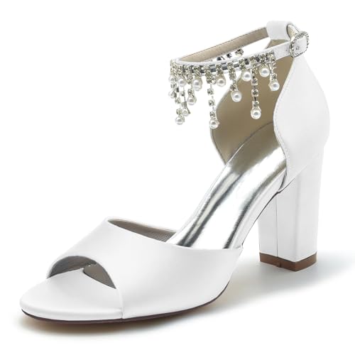 Gycdwjh Satin Hochzeitsschuhe Für Braut Sandalen Blockabsatz High Heel Für Hochzeit Abend mit Sommer-Fußkette mit Perlen und Strass Pointed Toe Pumps,Weiß,41 EU von Gycdwjh