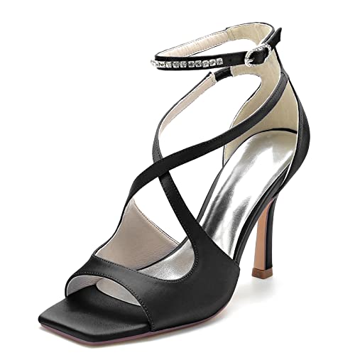 Gycdwjh Sexy High Heel Pumps Quadratischer Spitze für Frauen Party Schuhe mit Nadelabsatz Peeptoe Sandalen Damen mit Kristall Kreuz Knöchelriemen,Schwarz,38 EU von Gycdwjh