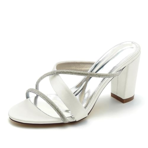 Gycdwjh Sommer Blockabsatz Hochzeits Schuhe fur Damen Schlüpfen Offene Abend Prom Party Sandalens mit Strass Satin Partei Abendschuhe,Elfenbein,42 EU von Gycdwjh