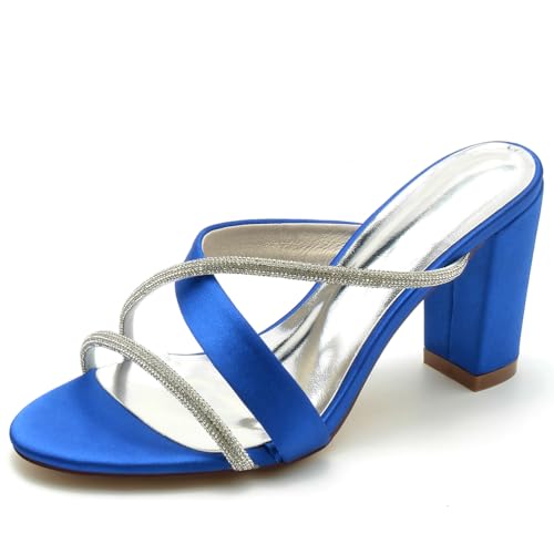 Gycdwjh Sommer Blockabsatz Hochzeits Schuhe fur Damen Schlüpfen Offene Abend Prom Party Sandalens mit Strass Satin Partei Abendschuhe,Royal Blue,39 EU von Gycdwjh