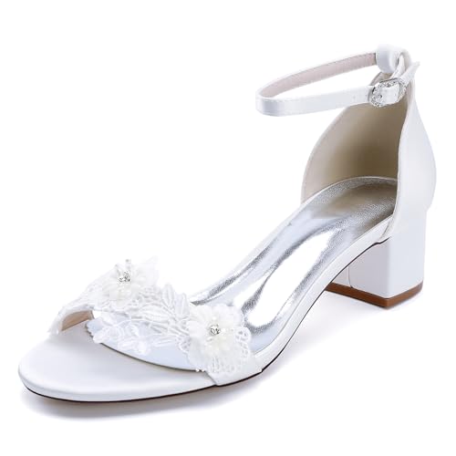 Gycdwjh Sommer Damen Peeptoe Brautkleid Schuhe Chunky Block Heel Satin Strasssteine Brautschuhe Knöchelriemen Spitzen Blume Prom Pumps,Weiß,36 EU von Gycdwjh