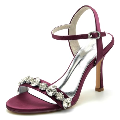 Gycdwjh Sommer Damen Sandalen mit Absatz Offene Spitze Brautschuhe Satin Stiletto High Heel 9.5cm Pumps Strasssteine Knöchelriemen Brautkleid Schuhe,Burgundy,42 EU von Gycdwjh