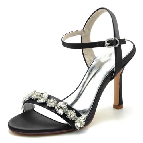 Gycdwjh Sommer Damen Sandalen mit Absatz Offene Spitze Brautschuhe Satin Stiletto High Heel 9.5cm Pumps Strasssteine Knöchelriemen Brautkleid Schuhe,Schwarz,39 EU von Gycdwjh