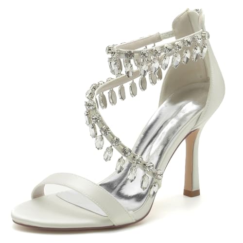 Gycdwjh Sommer Damen Sandalen mit Absatz Offene Spitze Brautschuhe Strasssteine Satin Stiletto High Heel Knöchelriemen Brautkleid Schuhe 9.5cm,Elfenbein,36 EU von Gycdwjh