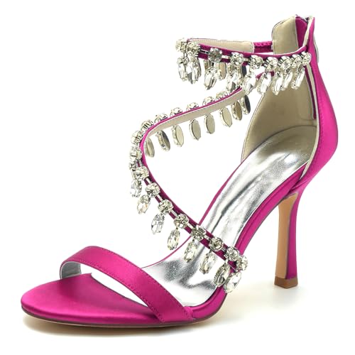 Gycdwjh Sommer Damen Sandalen mit Absatz Offene Spitze Brautschuhe Strasssteine Satin Stiletto High Heel Knöchelriemen Brautkleid Schuhe 9.5cm,Rose red,37 EU von Gycdwjh