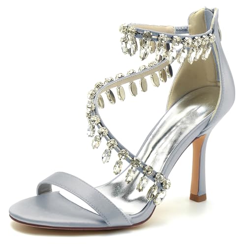 Gycdwjh Sommer Damen Sandalen mit Absatz Offene Spitze Brautschuhe Strasssteine Satin Stiletto High Heel Knöchelriemen Brautkleid Schuhe 9.5cm,Silber,37 EU von Gycdwjh