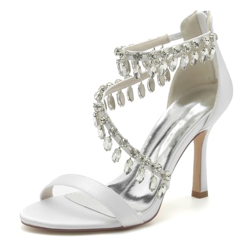 Gycdwjh Sommer Damen Sandalen mit Absatz Offene Spitze Brautschuhe Strasssteine Satin Stiletto High Heel Knöchelriemen Brautkleid Schuhe 9.5cm,Weiß,43 EU von Gycdwjh