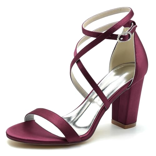 Gycdwjh Sommer Damen mit Blockabsatz Sandalen High Heels Offene Zehe Satin Pumps Absatz 8.5cm Kreuz Riemchen Brautschuhe,Burgundy,36 EU von Gycdwjh