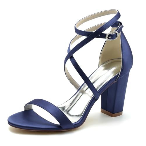Gycdwjh Sommer Damen mit Blockabsatz Sandalen High Heels Offene Zehe Satin Pumps Absatz 8.5cm Kreuz Riemchen Brautschuhe,Dark Blue,38 EU von Gycdwjh
