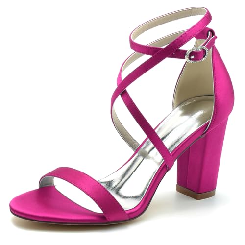 Gycdwjh Sommer Damen mit Blockabsatz Sandalen High Heels Offene Zehe Satin Pumps Absatz 8.5cm Kreuz Riemchen Brautschuhe,Rose red,37 EU von Gycdwjh
