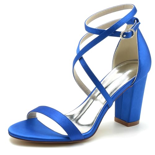 Gycdwjh Sommer Damen mit Blockabsatz Sandalen High Heels Offene Zehe Satin Pumps Absatz 8.5cm Kreuz Riemchen Brautschuhe,Royal Blue,40 EU von Gycdwjh