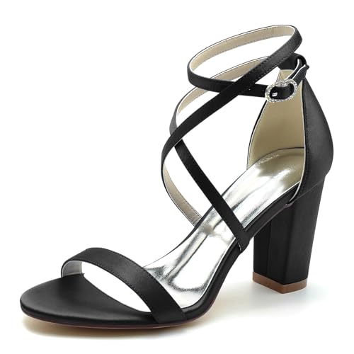 Gycdwjh Sommer Damen mit Blockabsatz Sandalen High Heels Offene Zehe Satin Pumps Absatz 8.5cm Kreuz Riemchen Brautschuhe,Schwarz,36 EU von Gycdwjh