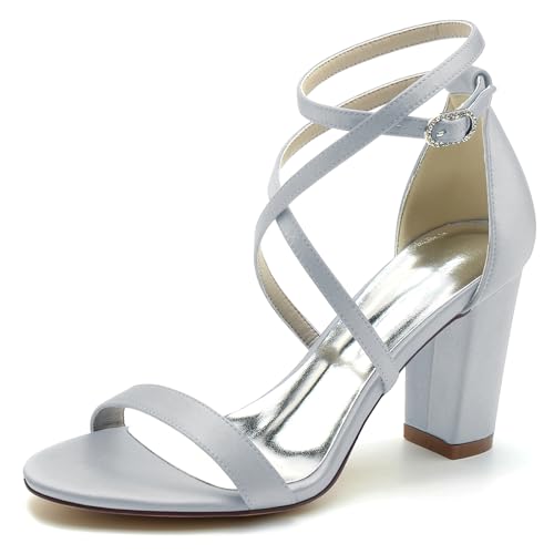 Gycdwjh Sommer Damen mit Blockabsatz Sandalen High Heels Offene Zehe Satin Pumps Absatz 8.5cm Kreuz Riemchen Brautschuhe,Silber,39 EU von Gycdwjh