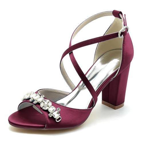 Gycdwjh Sommer Damen mit Blockabsatz Sandalen High Heels Offene Zehe Satin Pumps Absatz 8.5cm Kreuz Riemchen Brautschuhe mit Strasssteine,Burgundy,40 EU von Gycdwjh