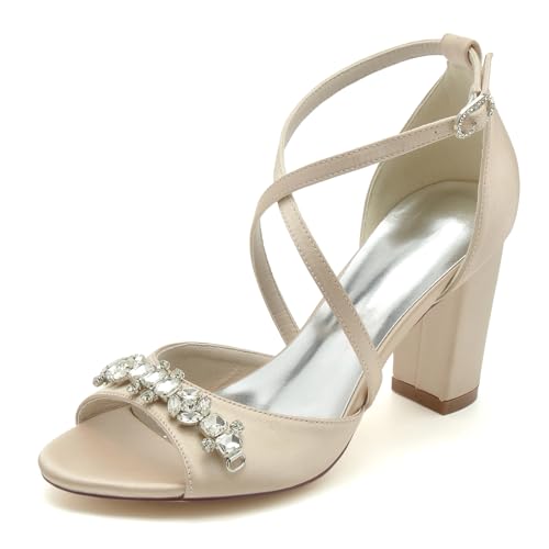 Gycdwjh Sommer Damen mit Blockabsatz Sandalen High Heels Offene Zehe Satin Pumps Absatz 8.5cm Kreuz Riemchen Brautschuhe mit Strasssteine,Champagne,37 EU von Gycdwjh
