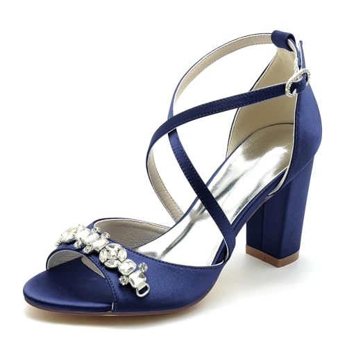 Gycdwjh Sommer Damen mit Blockabsatz Sandalen High Heels Offene Zehe Satin Pumps Absatz 8.5cm Kreuz Riemchen Brautschuhe mit Strasssteine,Dark Blue,37 EU von Gycdwjh