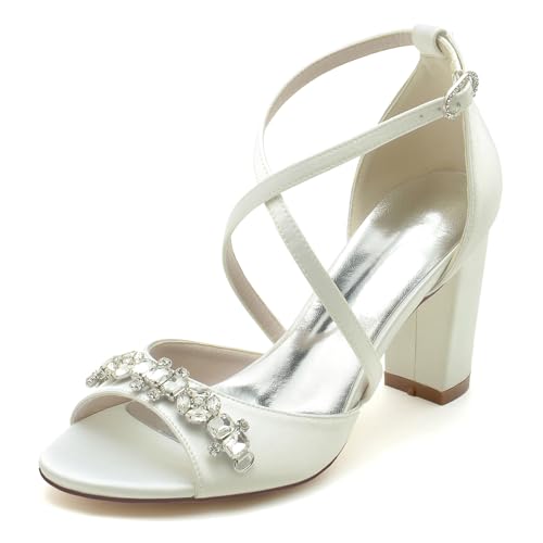 Gycdwjh Sommer Damen mit Blockabsatz Sandalen High Heels Offene Zehe Satin Pumps Absatz 8.5cm Kreuz Riemchen Brautschuhe mit Strasssteine,Elfenbein,41 EU von Gycdwjh
