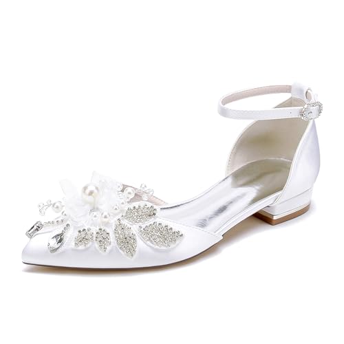 Gycdwjh Sommer Hochzeitsschuhe für Braut, 2.5cm Sandaletten Damen Flach Elegant Strasssteinen Spitze Satin Spitze Zehen Absatzschuhe Für Partys, Bankette,Weiß,42 EU von Gycdwjh