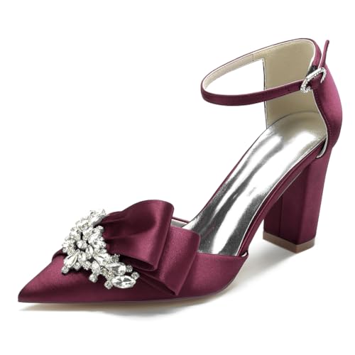 Gycdwjh Sommerschuhe mit Hohen Absätzen Blockabsatz Strasssteine Knöchelriemen Pointed Stiletto Plissee-Satin Brautschuhe Hochzeit Sandalen,Burgundy,38 EU von Gycdwjh