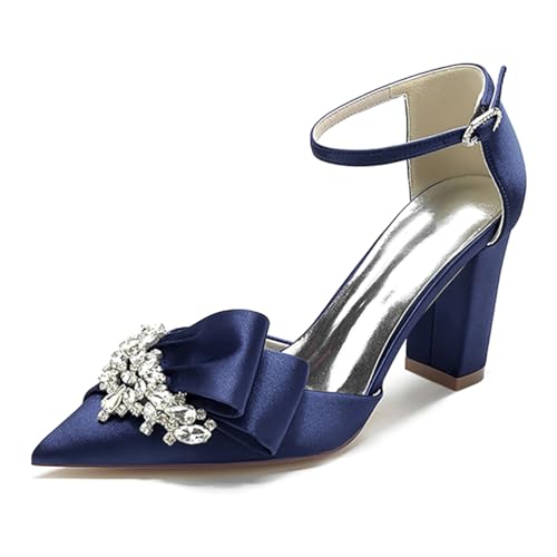 Gycdwjh Sommerschuhe mit Hohen Absätzen Blockabsatz Strasssteine Knöchelriemen Pointed Stiletto Plissee-Satin Brautschuhe Hochzeit Sandalen,Dark Blue,41 EU von Gycdwjh