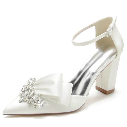 Gycdwjh Sommerschuhe mit Hohen Absätzen Blockabsatz Strasssteine Knöchelriemen Pointed Stiletto Plissee-Satin Brautschuhe Hochzeit Sandalen,Elfenbein,42 EU von Gycdwjh