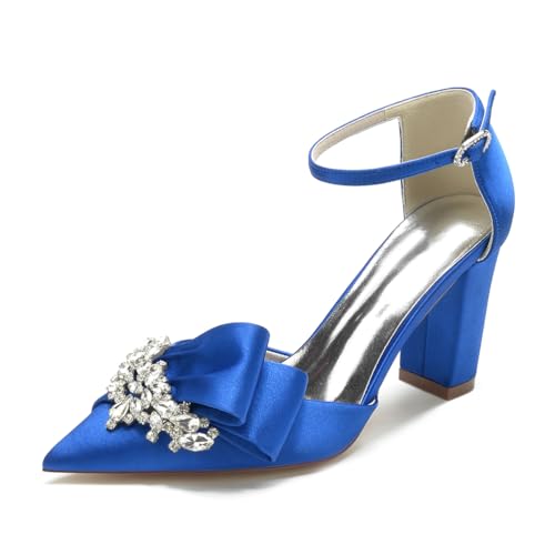 Gycdwjh Sommerschuhe mit Hohen Absätzen Blockabsatz Strasssteine Knöchelriemen Pointed Stiletto Plissee-Satin Brautschuhe Hochzeit Sandalen,Royal Blue,42 EU von Gycdwjh