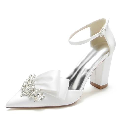 Gycdwjh Sommerschuhe mit Hohen Absätzen Blockabsatz Strasssteine Knöchelriemen Pointed Stiletto Plissee-Satin Brautschuhe Hochzeit Sandalen,Weiß,36 EU von Gycdwjh