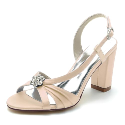 Gycdwjh Stilvoll Damen Slingback Hochzeitsschuhe Satin Strass Offener Zehenbereich Knöchelriemen Blockabsätzen Absatz Sandalen für Arbeit Hochzeit,Champagne,43 EU von Gycdwjh