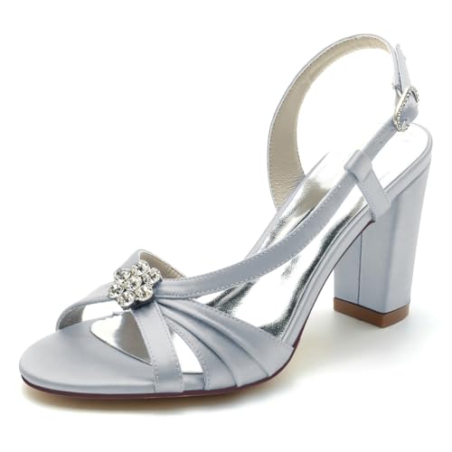 Gycdwjh Stilvoll Damen Slingback Hochzeitsschuhe Satin Strass Offener Zehenbereich Knöchelriemen Blockabsätzen Absatz Sandalen für Arbeit Hochzeit,Silber,42 EU von Gycdwjh