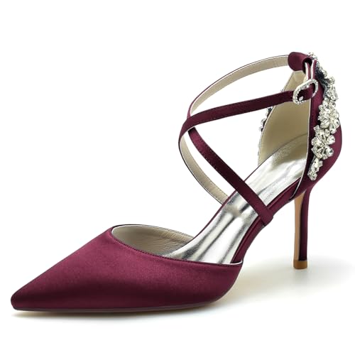 Gycdwjh Stöckelschuhe Damen High Heels mit Kreuz Knöchelriemen Rhinestone Ketten Spitze Zehen Abend Schuhe für Hochzeit Party Bankett roten Teppich,Burgundy,36 EU von Gycdwjh