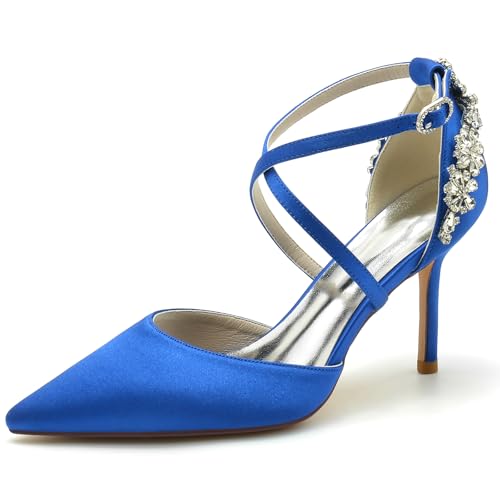 Gycdwjh Stöckelschuhe Damen High Heels mit Kreuz Knöchelriemen Rhinestone Ketten Spitze Zehen Abend Schuhe für Hochzeit Party Bankett roten Teppich,Royal Blue,40 EU von Gycdwjh
