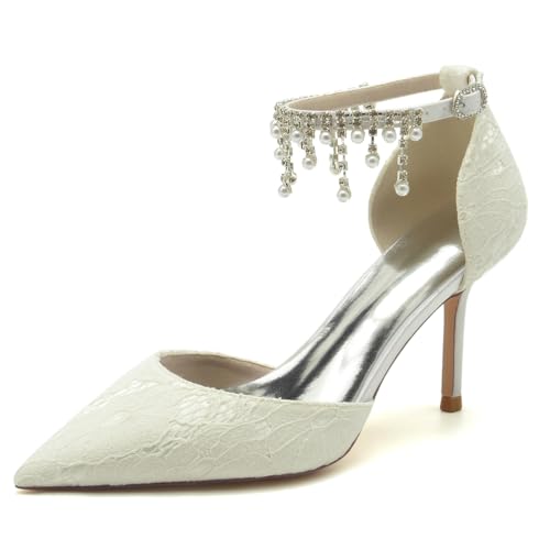 Gycdwjh Stöckelschuhe Elegante Damen High Heels mit Rhinestone Ketten Spitze Zehen Abend Schuhe für Hochzeit Party Bankett roten Teppich High Heels,Elfenbein,43 EU von Gycdwjh