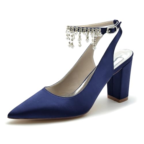 Gycdwjh Women's Spitze Zehen Bridal Shoes with Strasssteine Fußkette Slingback Wedding Dress Pumps Sandals Für Partys, Hochzeiten, Bankette,Dark Blue,37 EU von Gycdwjh