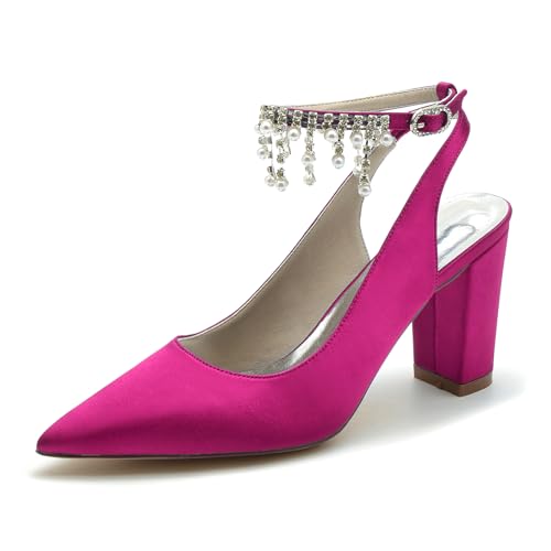 Gycdwjh Women's Spitze Zehen Bridal Shoes with Strasssteine Fußkette Slingback Wedding Dress Pumps Sandals Für Partys, Hochzeiten, Bankette,Rose red,42 EU von Gycdwjh