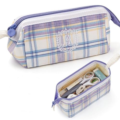 Gyios Mäpchen Plaid Pen Case Stickerei Große Kapazität Junior High School Multifunktionaler Briefpapierpapier Bleistift Fall-lila von Gyios