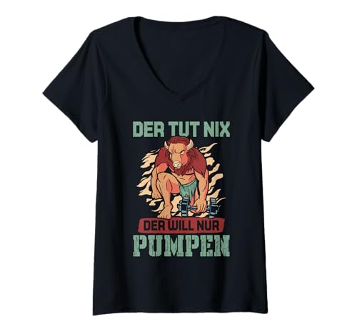 Damen Bodybuilder DER TUT NIX DER Will PUMPEN Lustig Fitnessstudio T-Shirt mit V-Ausschnitt von Gym Shirt Fitnessstudio Muskel Aufbautraining