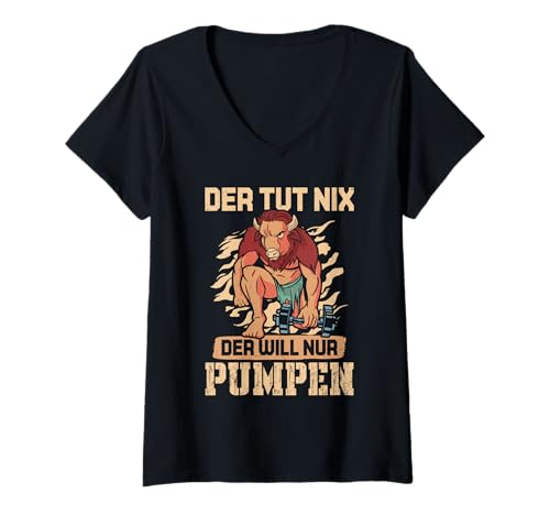 Damen Bodybuilder DER TUT NIX DER Will PUMPEN Lustig Fitnessstudio T-Shirt mit V-Ausschnitt von Gym Shirt Fitnessstudio Muskel Aufbautraining