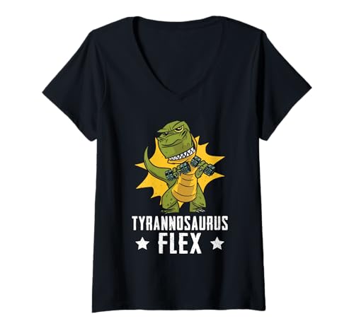Damen Bodybuilder Tyrannosaurus Flex Lustiges Fitnessstudio T-Shirt mit V-Ausschnitt von Gym Shirt Fitnessstudio Muskel Aufbautraining
