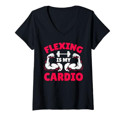 Damen Fitnessstudio FLEXEN IST Mein Cardio Lustiges Krafttraining T-Shirt mit V-Ausschnitt von Gym Shirt Fitnessstudio Muskel Aufbautraining