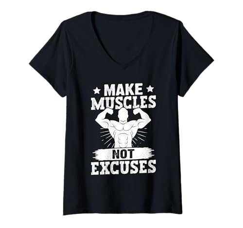Damen Fitnessstudio Make Muscles NOT Excuses Lustig Kraftsport T-Shirt mit V-Ausschnitt von Gym Shirt Fitnessstudio Muskel Aufbautraining