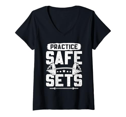 Damen Fitnessstudio Practice Safe Sets Lustiges Gewichtheber T-Shirt mit V-Ausschnitt von Gym Shirt Fitnessstudio Muskel Aufbautraining
