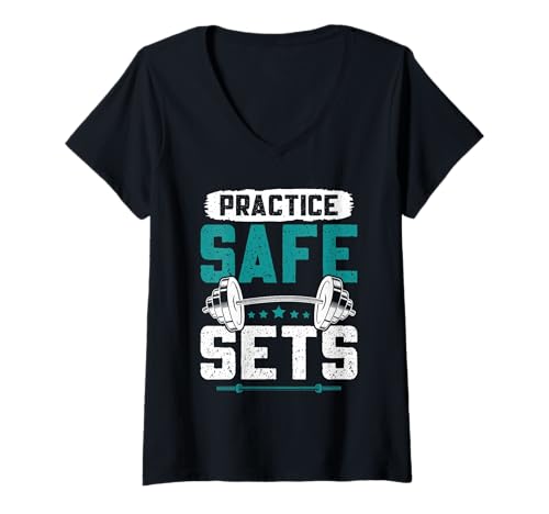 Damen Fitnessstudio Practice Safe Sets Lustiges Gewichtheber T-Shirt mit V-Ausschnitt von Gym Shirt Fitnessstudio Muskel Aufbautraining