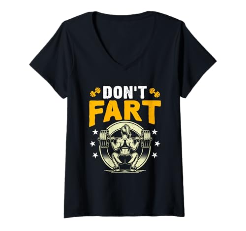 Damen Gewichtheber Don't Fart Retro Lustiges Muskeltraining T-Shirt mit V-Ausschnitt von Gym Shirt Fitnessstudio Muskel Aufbautraining