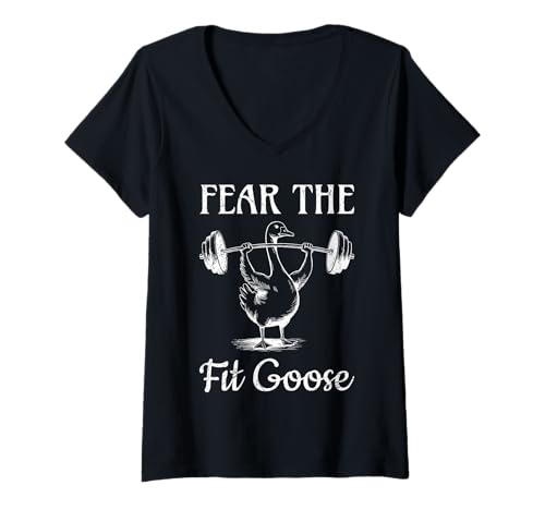 Damen Gewichtheber Fear The FIT Goose Lustiges Kraftsport T-Shirt mit V-Ausschnitt von Gym Shirt Fitnessstudio Muskel Aufbautraining