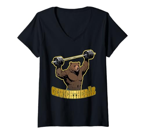 Damen Gewichtheber GEWICHTEBÄR Lustiges Muskel Aufbautraining T-Shirt mit V-Ausschnitt von Gym Shirt Fitnessstudio Muskel Aufbautraining